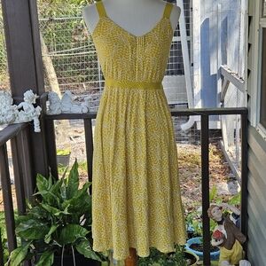 Boden Yellow White Leaf Print Midi Dress Size 6 Sundress Sleeveless Cottagecore